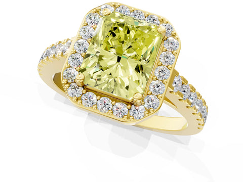 Yellow gold Fancy Yellow Radiant Cut Halo Diamond Ring with Pavé Band and Three-Prong Setting_1