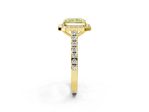Yellow gold Fancy Yellow Radiant Cut Halo Diamond Ring with Pavé Band and Three-Prong Setting_2