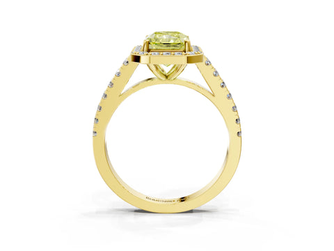 Yellow gold Fancy Yellow Radiant Cut Halo Diamond Ring with Pavé Band and Three-Prong Setting_3