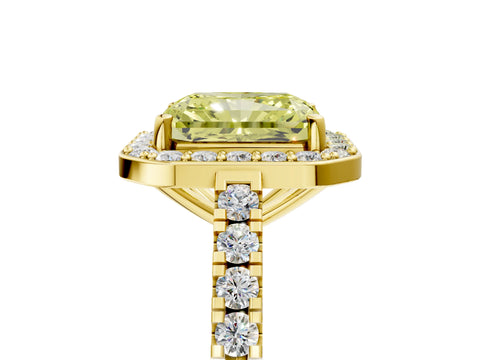 Yellow gold Fancy Yellow Radiant Cut Halo Diamond Ring with Pavé Band and Three-Prong Setting_5