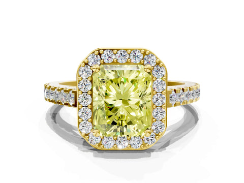 Yellow gold Fancy Yellow Radiant Cut Halo Diamond Ring with Pavé Band and Three-Prong Setting