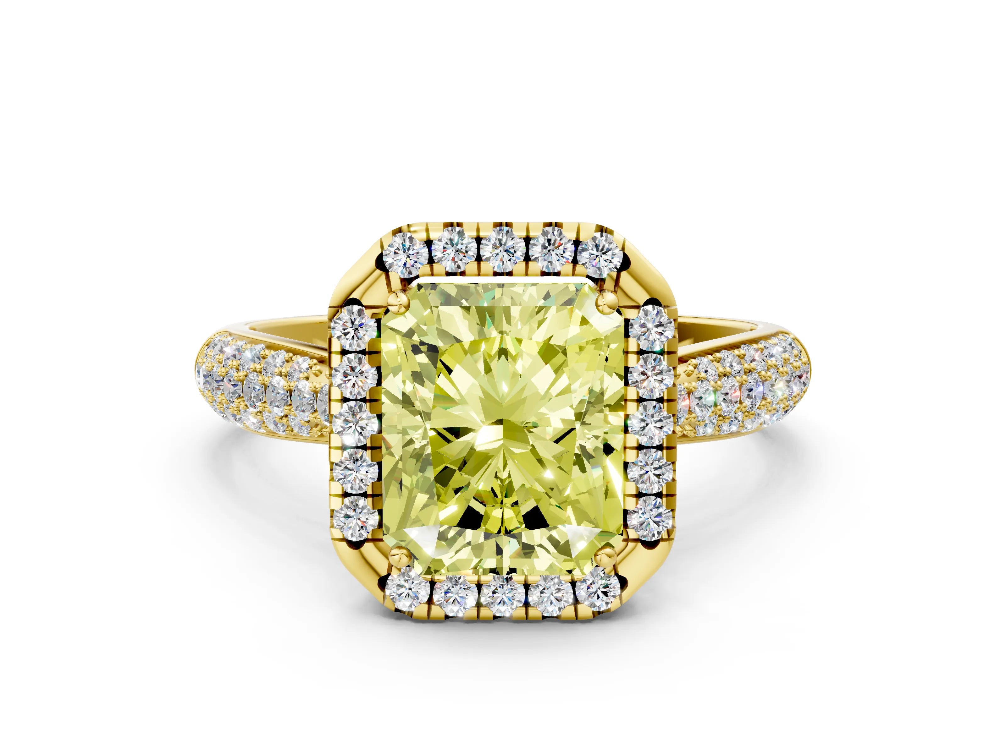 Yellow gold Fancy Yellow Radiant Cut Halo Diamond Ring with Pavé Band
