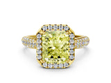 Yellow gold Fancy Yellow Radiant Cut Halo Diamond Ring with Pavé Band
