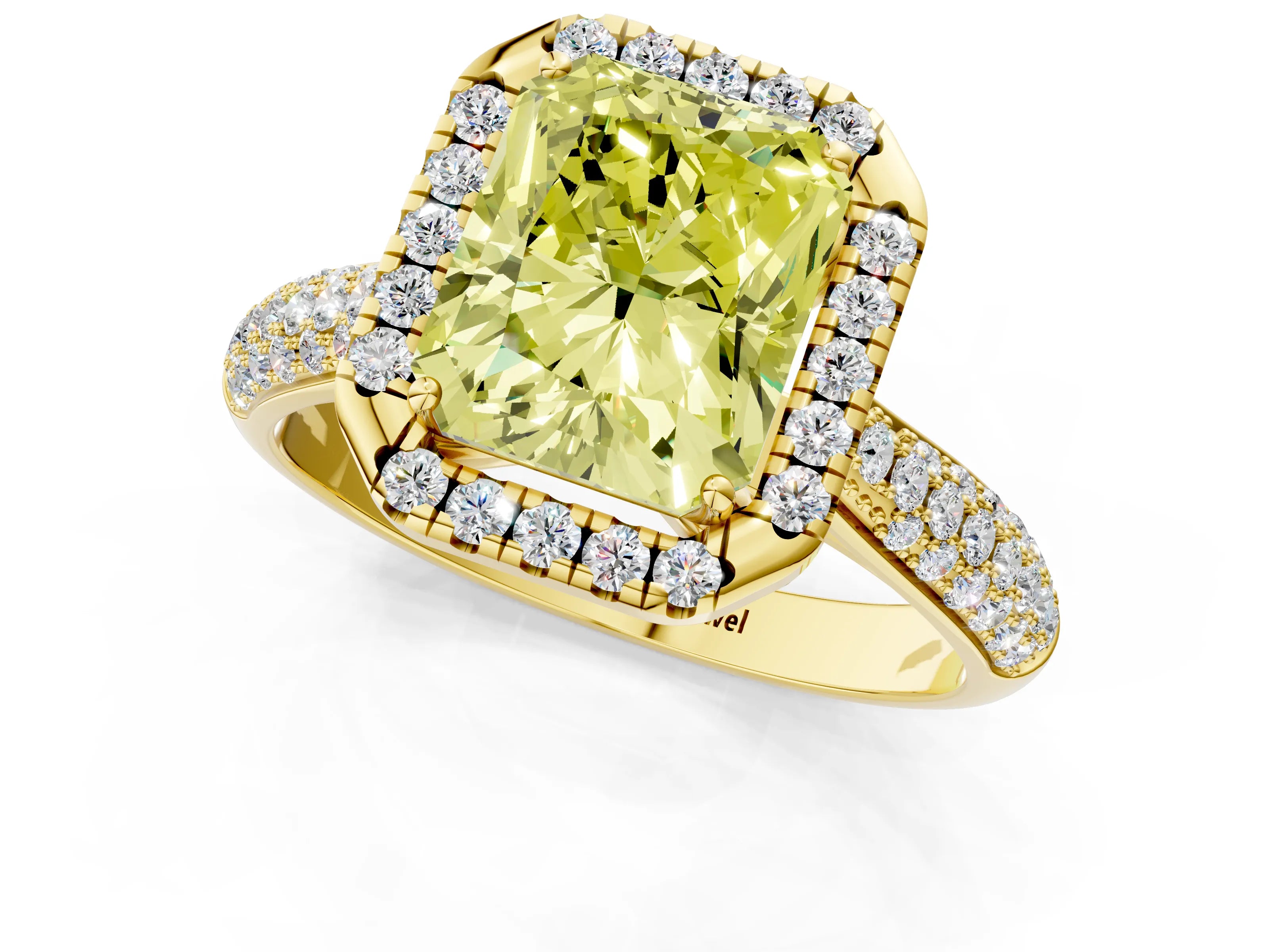 Yellow gold Fancy Yellow Radiant Cut Halo Diamond Ring with Pavé Band_1