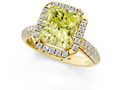 Yellow gold Fancy Yellow Radiant Cut Halo Diamond Ring with Pavé Band_1