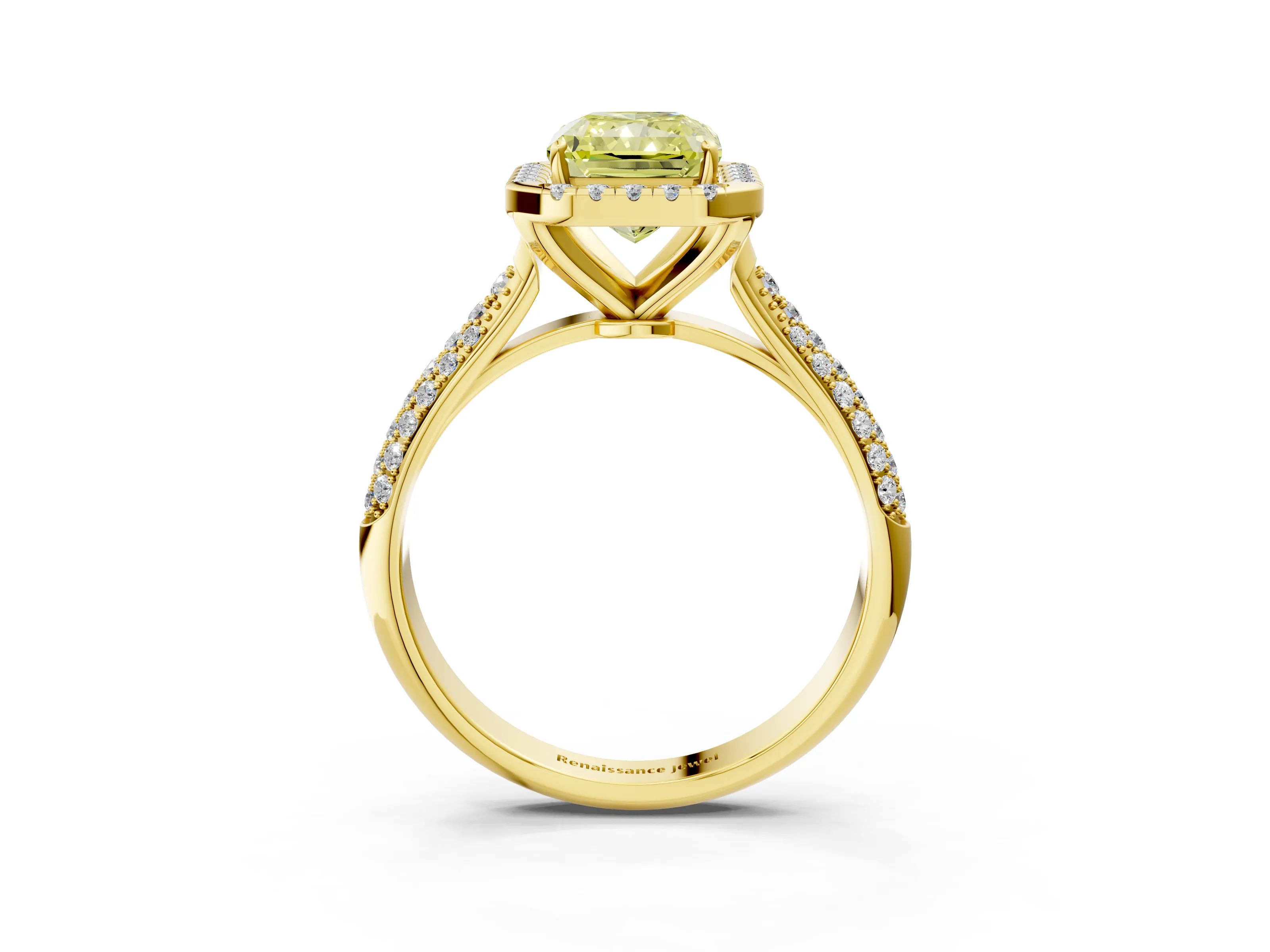 Yellow gold Fancy Yellow Radiant Cut Halo Diamond Ring with Pavé Band_3