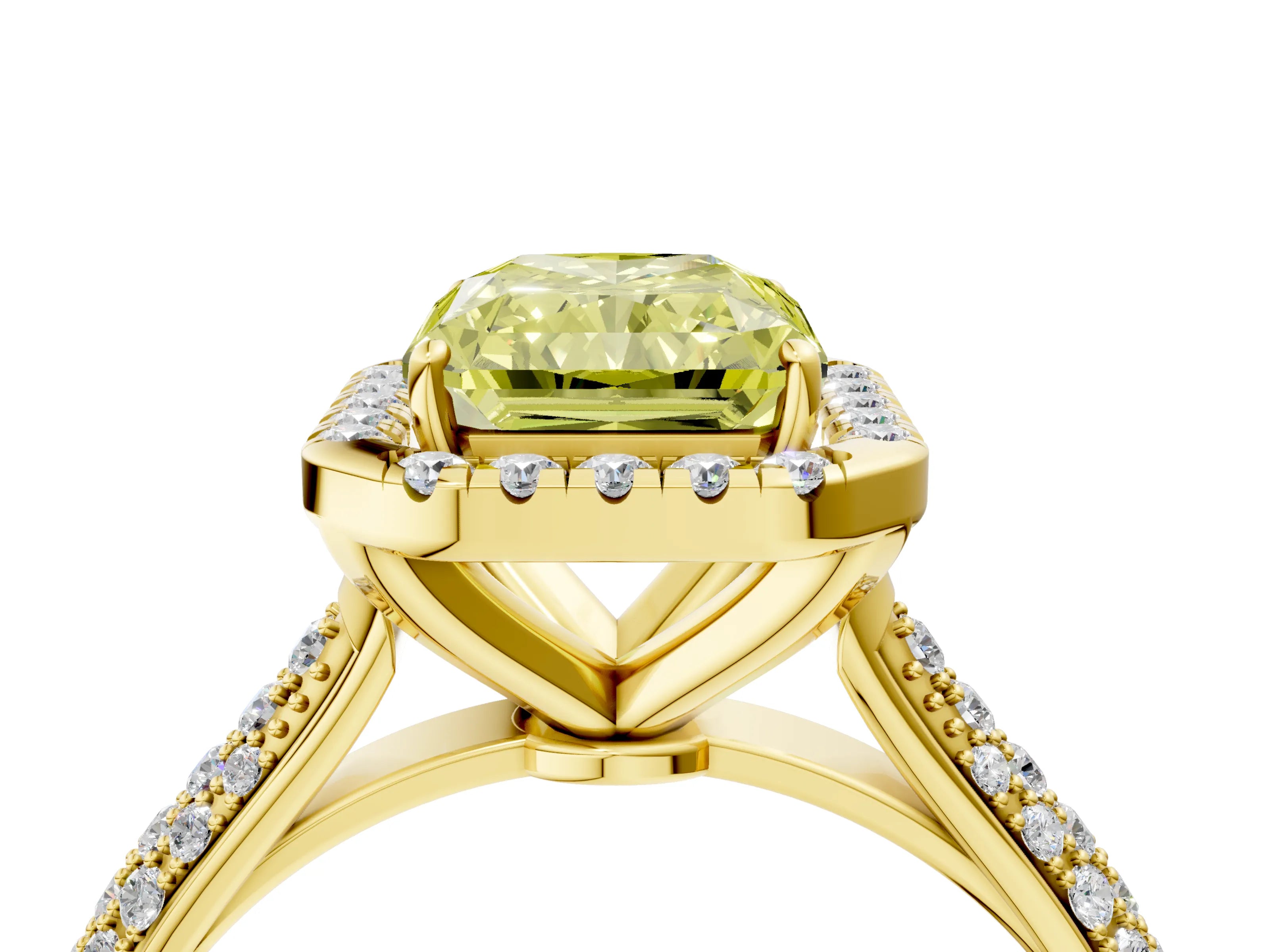Yellow gold Fancy Yellow Radiant Cut Halo Diamond Ring with Pavé Band_4