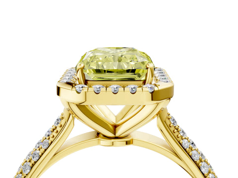 Yellow gold Fancy Yellow Radiant Cut Halo Diamond Ring with Pavé Band_4