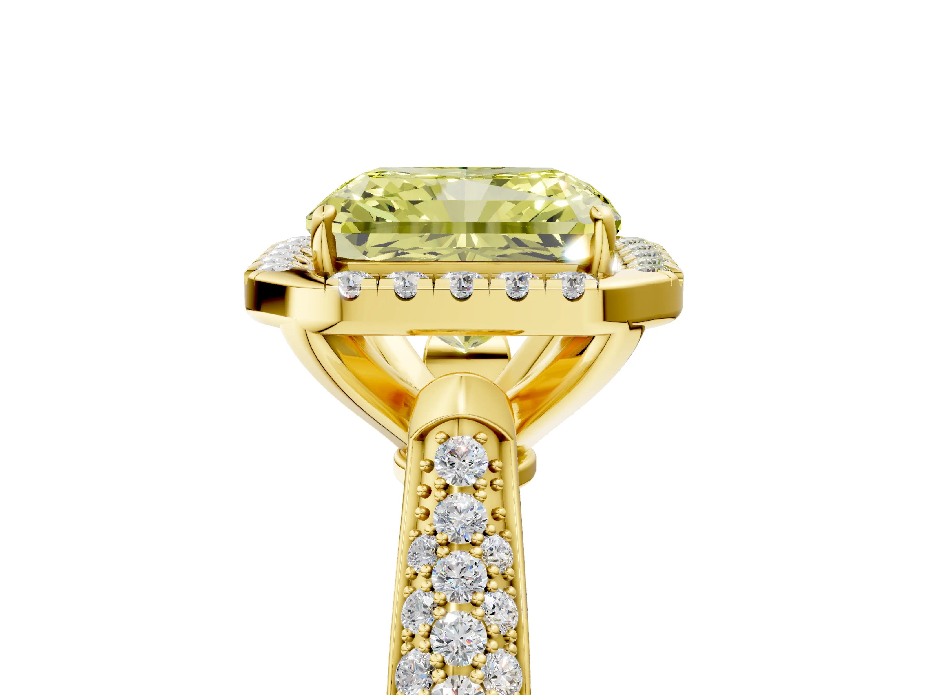 Yellow gold Fancy Yellow Radiant Cut Halo Diamond Ring with Pavé Band_5