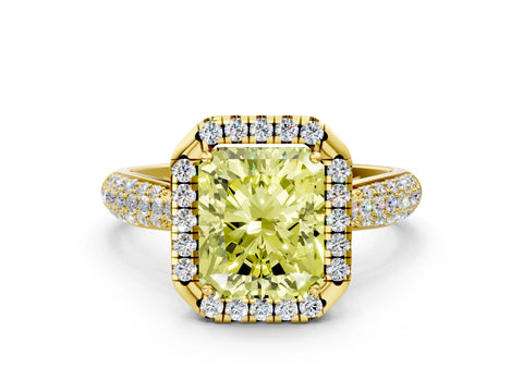 Yellow gold Fancy Yellow Radiant Cut Halo Diamond Ring with Pavé Band