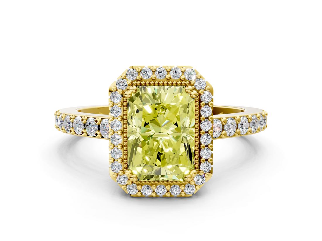 Yellow gold Fancy Yellow Radiant  Cut Halo Diamond Ring with Pave Band and Four-Prong Setting_24