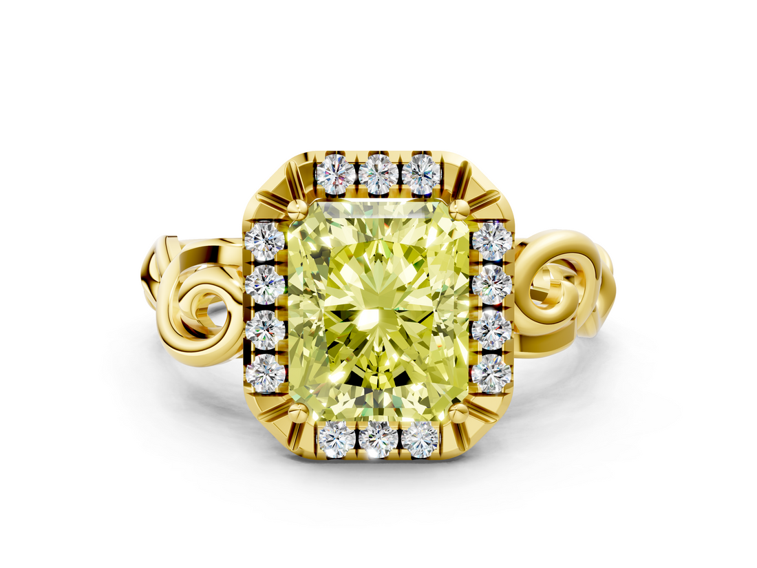 Yellow gold Fancy Yellow Radiant  Cut Halo Diamond Ring with Scrollwork Band and Four-Prong Setting_53