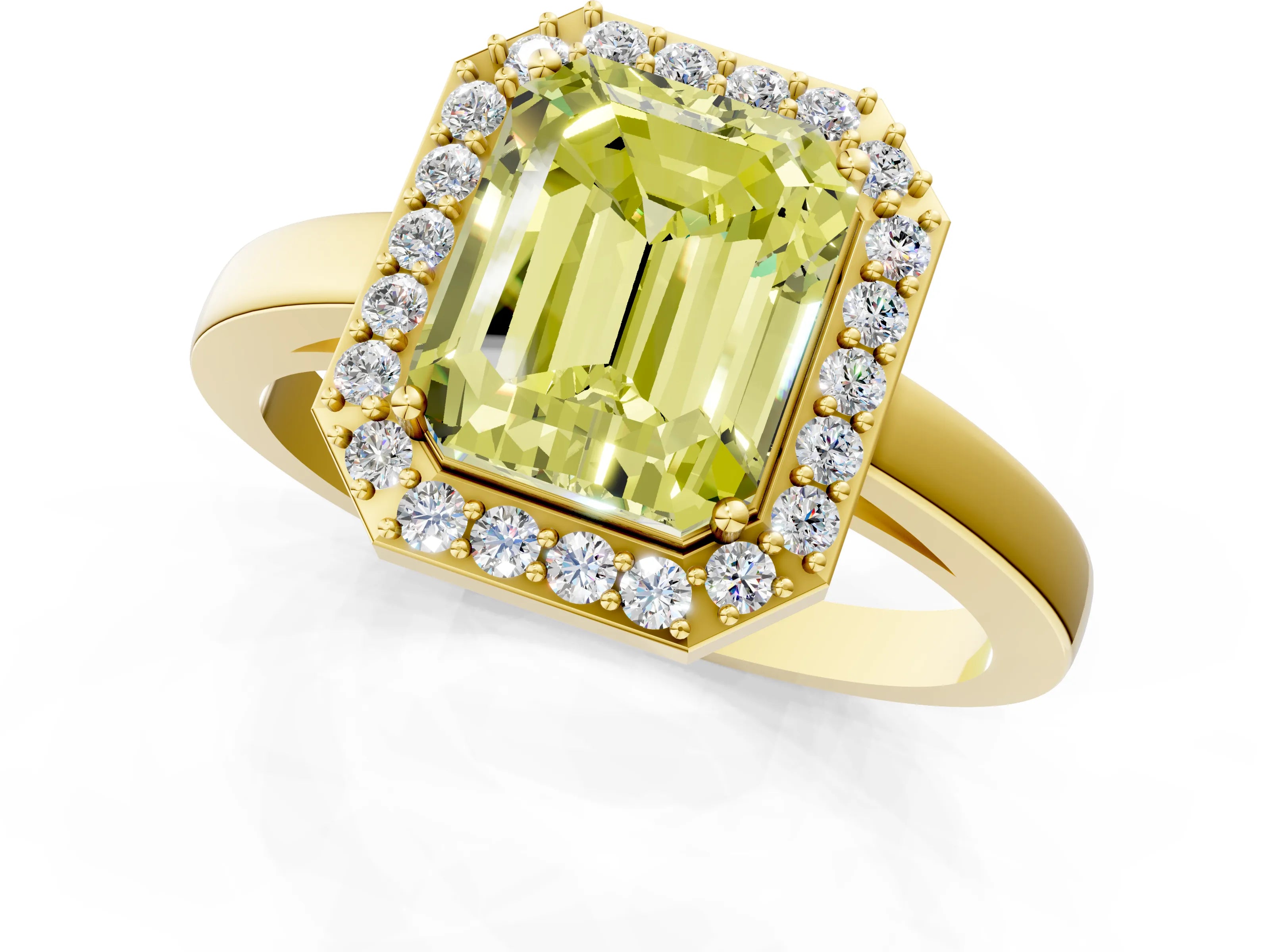 Yellow gold Fancy Yellow Radiant Cut Halo Diamond Ring with Solitaire Band and Prong Setting_1
