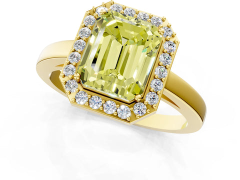 Yellow gold Fancy Yellow Radiant Cut Halo Diamond Ring with Solitaire Band and Prong Setting_1