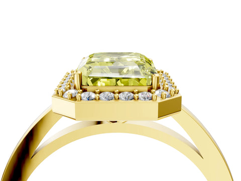 Yellow gold Fancy Yellow Radiant Cut Halo Diamond Ring with Solitaire Band and Prong Setting_4