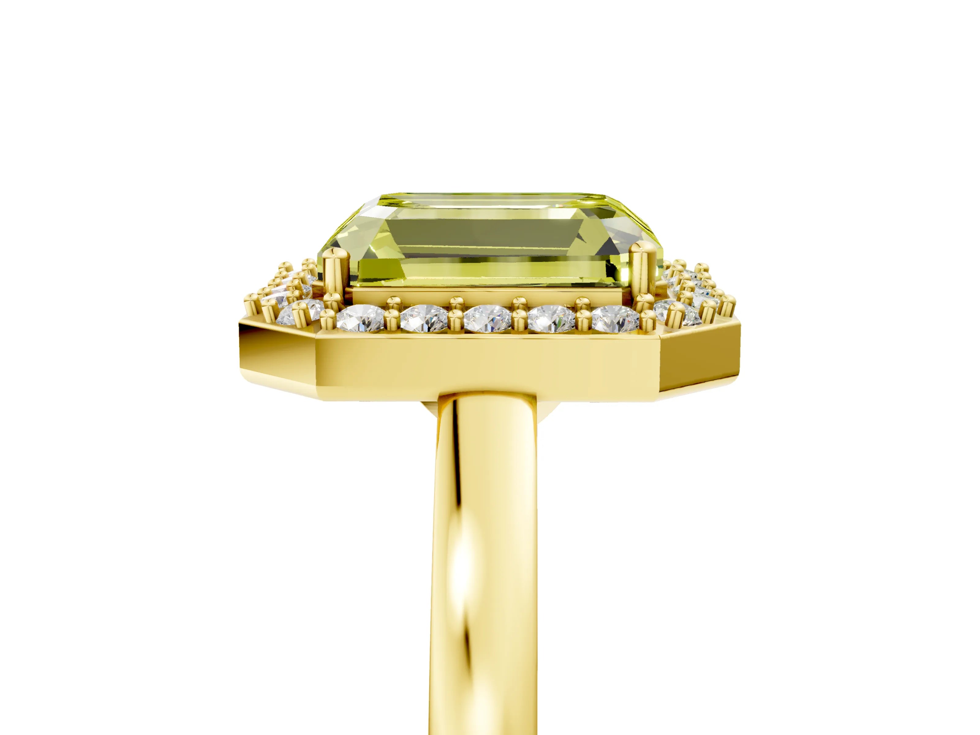 Yellow gold Fancy Yellow Radiant Cut Halo Diamond Ring with Solitaire Band and Prong Setting_5