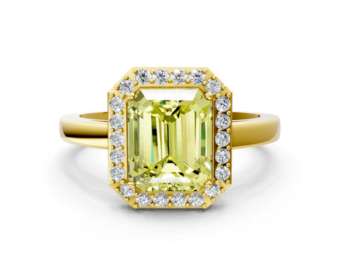 Yellow gold Fancy Yellow Radiant Cut Halo Diamond Ring with Solitaire Band and Prong Setting