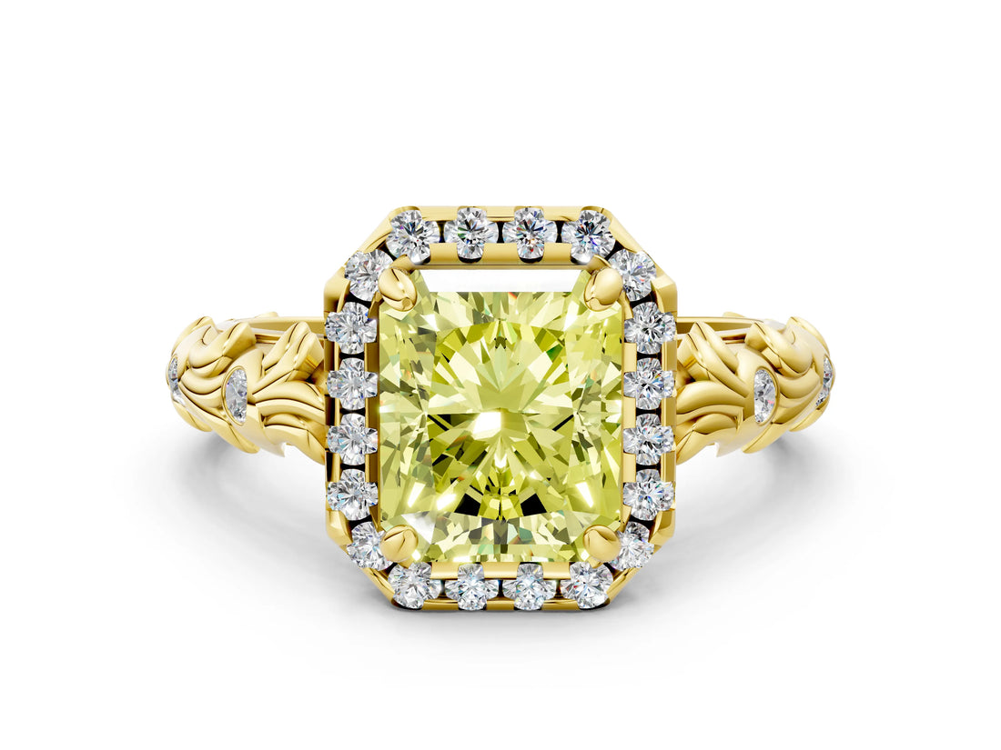 Yellow gold Fancy Yellow Radiant Cut Halo Diamond Solitaire with Filigree Band and Four-Prong Setting
