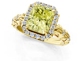 Yellow gold Fancy Yellow Radiant Cut Halo Diamond Solitaire with Filigree Band and Four-Prong Setting_1
