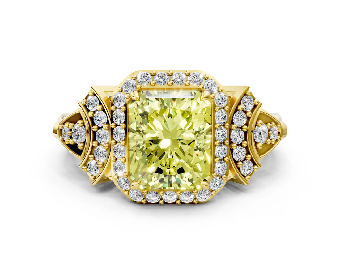 Yellow gold Fancy Yellow Radiant Cut Halo Diamond Split Shank Engagement Ring with Four-Prong Setting
