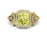 Yellow gold Fancy Yellow Radiant Cut Halo Diamond Split Shank Engagement Ring with Four-Prong Setting