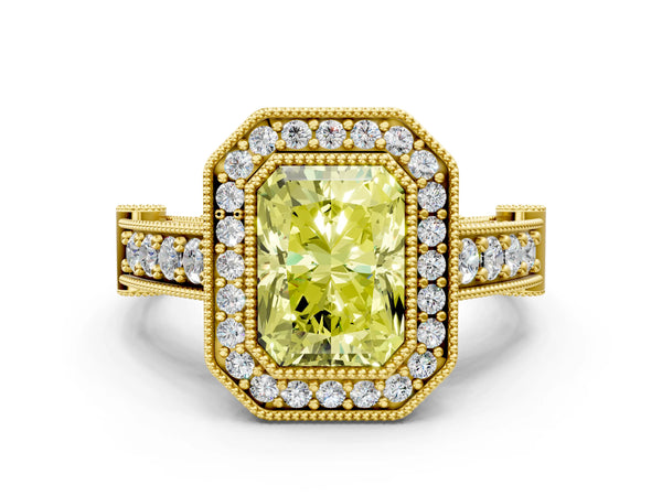 Yellow Gold Radiant Cut Vintage Bezel Halo Engagement Ring Setting for Fancy Yellow Center