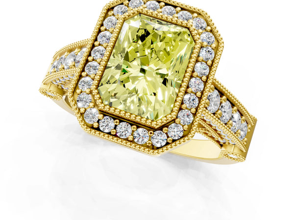 Yellow Gold Radiant Cut Vintage Bezel Halo Engagement Ring Setting for Fancy Yellow Center