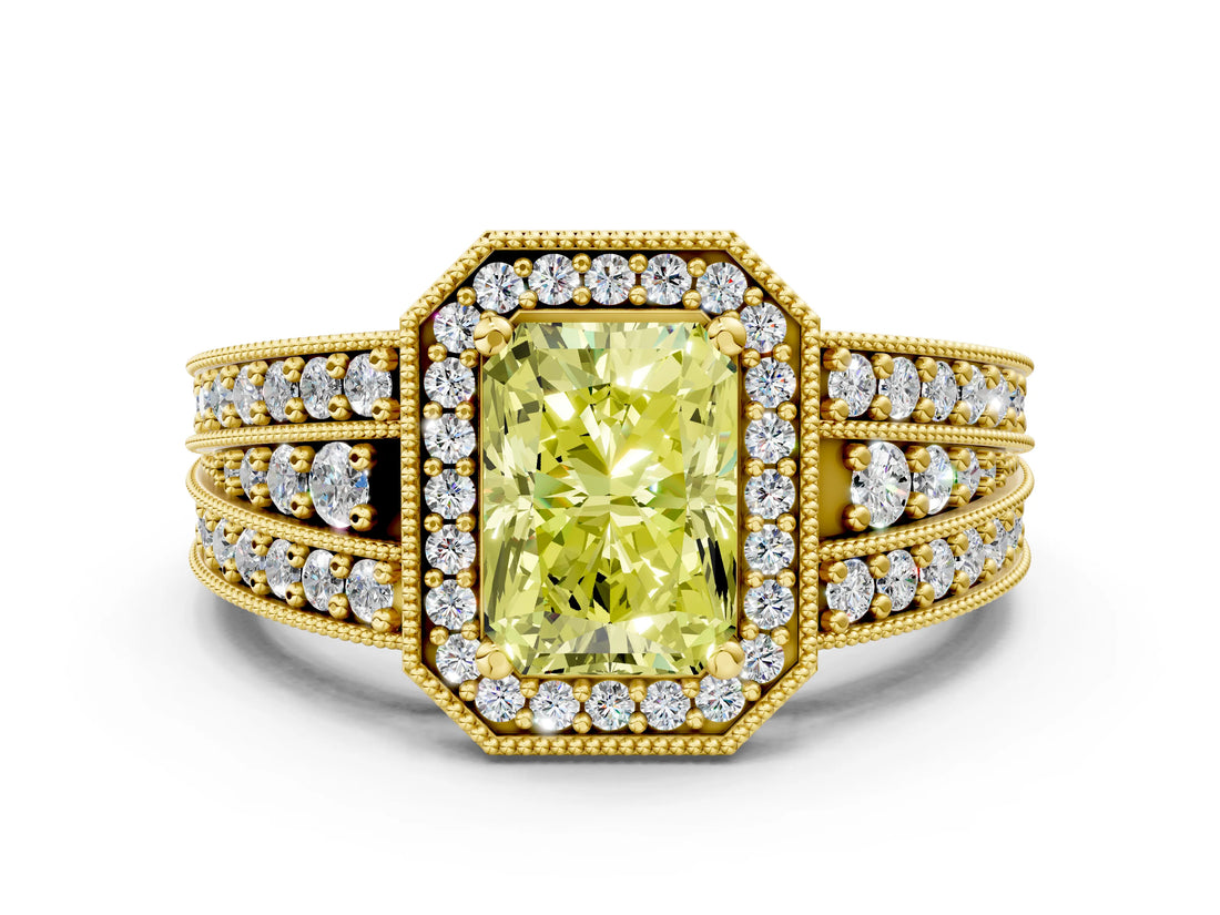 Yellow gold Fancy Yellow Radiant Cut Halo Diamond Split Shank Ring with Prong Setting