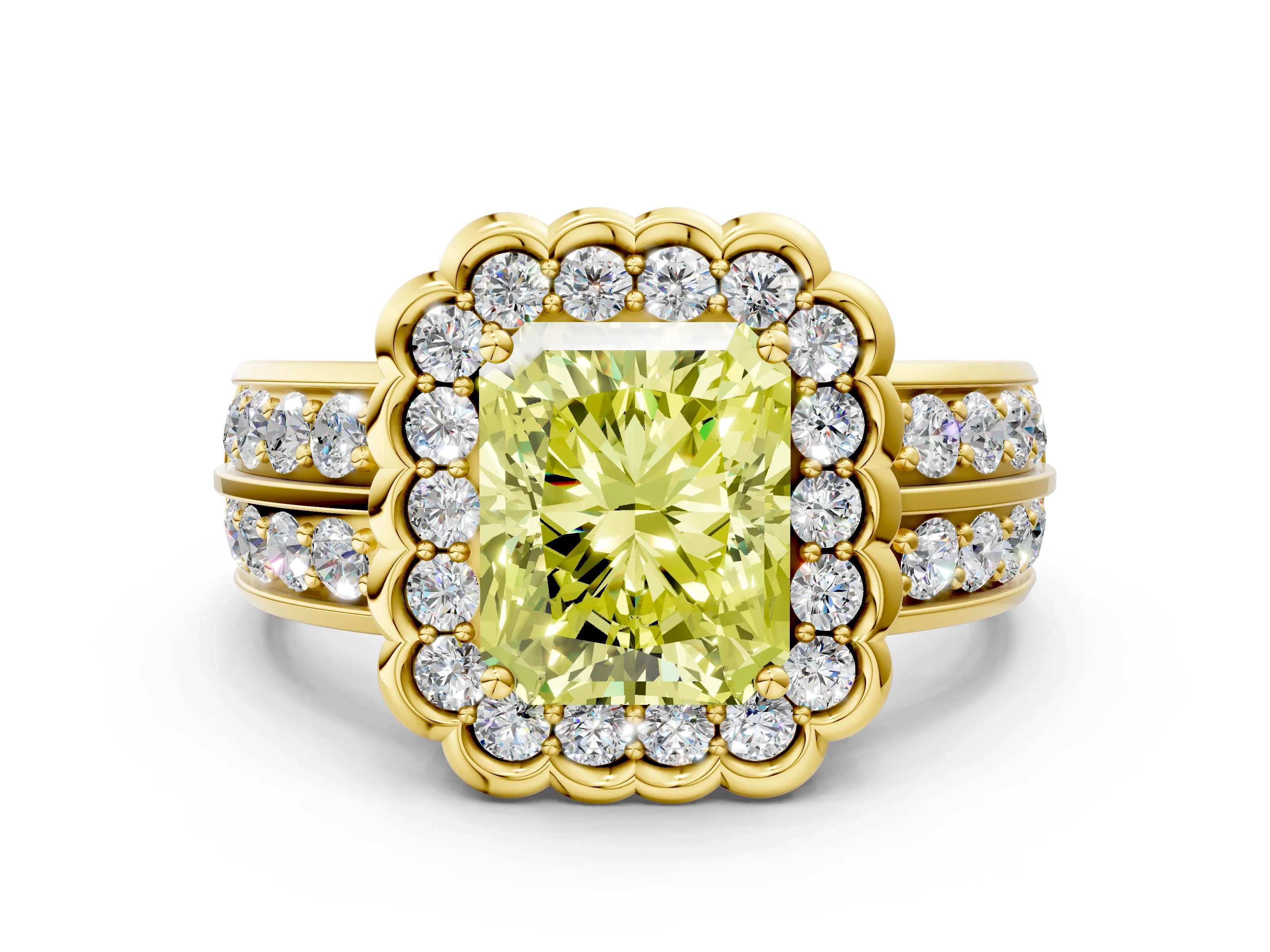 Yellow gold Fancy Yellow Radiant Cut Halo Diamond Split Shank Ring with Scalloped Prong Setting