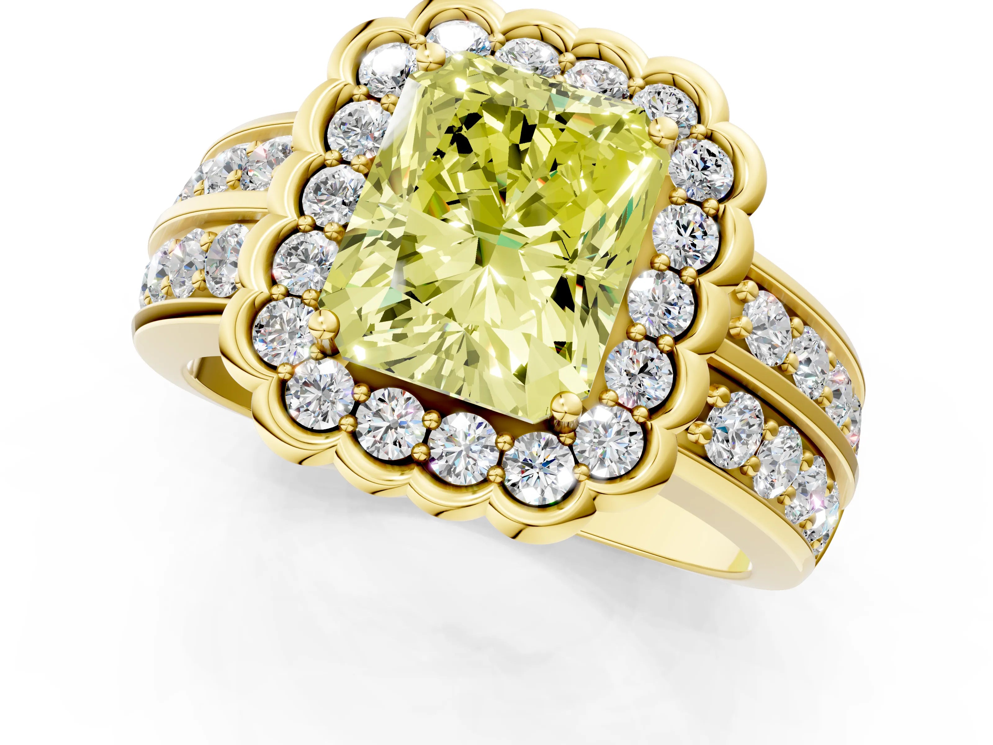 Yellow gold Fancy Yellow Radiant Cut Halo Diamond Split Shank Ring with Scalloped Prong Setting_1