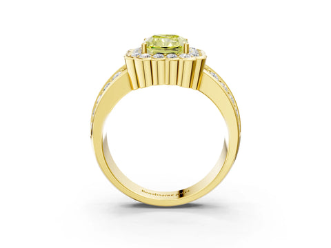 Yellow gold Fancy Yellow Radiant Cut Halo Diamond Split Shank Ring with Scalloped Prong Setting_3