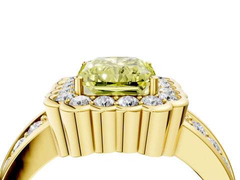 Yellow gold Fancy Yellow Radiant Cut Halo Diamond Split Shank Ring with Scalloped Prong Setting_4