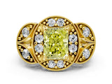 Yellow gold Fancy Yellow Radiant Cut Halo Milgrain Diamond Engagement Ring with Leaf Band and Four-Prong Setting
