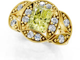 Yellow gold Fancy Yellow Radiant Cut Halo Milgrain Diamond Engagement Ring with Leaf Band and Four-Prong Setting_1