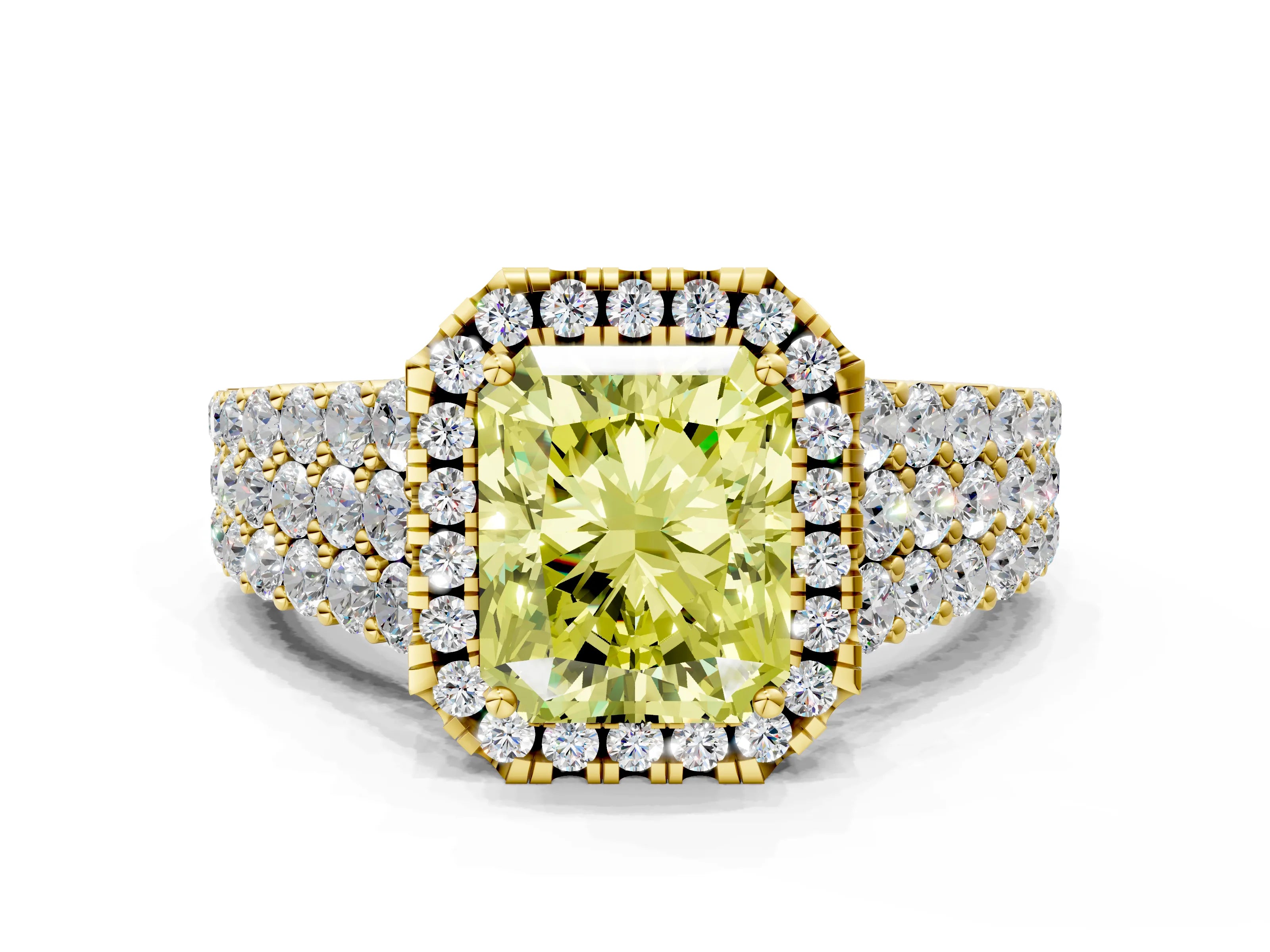 Yellow gold Fancy Yellow Radiant Cut Halo Pavé Diamond Engagement Ring with Split Shank and Four-Prong Setting_3