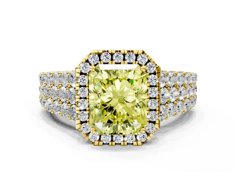 Yellow gold Fancy Yellow Radiant Cut Halo Pavé Diamond Engagement Ring with Split Shank and Four-Prong Setting_3