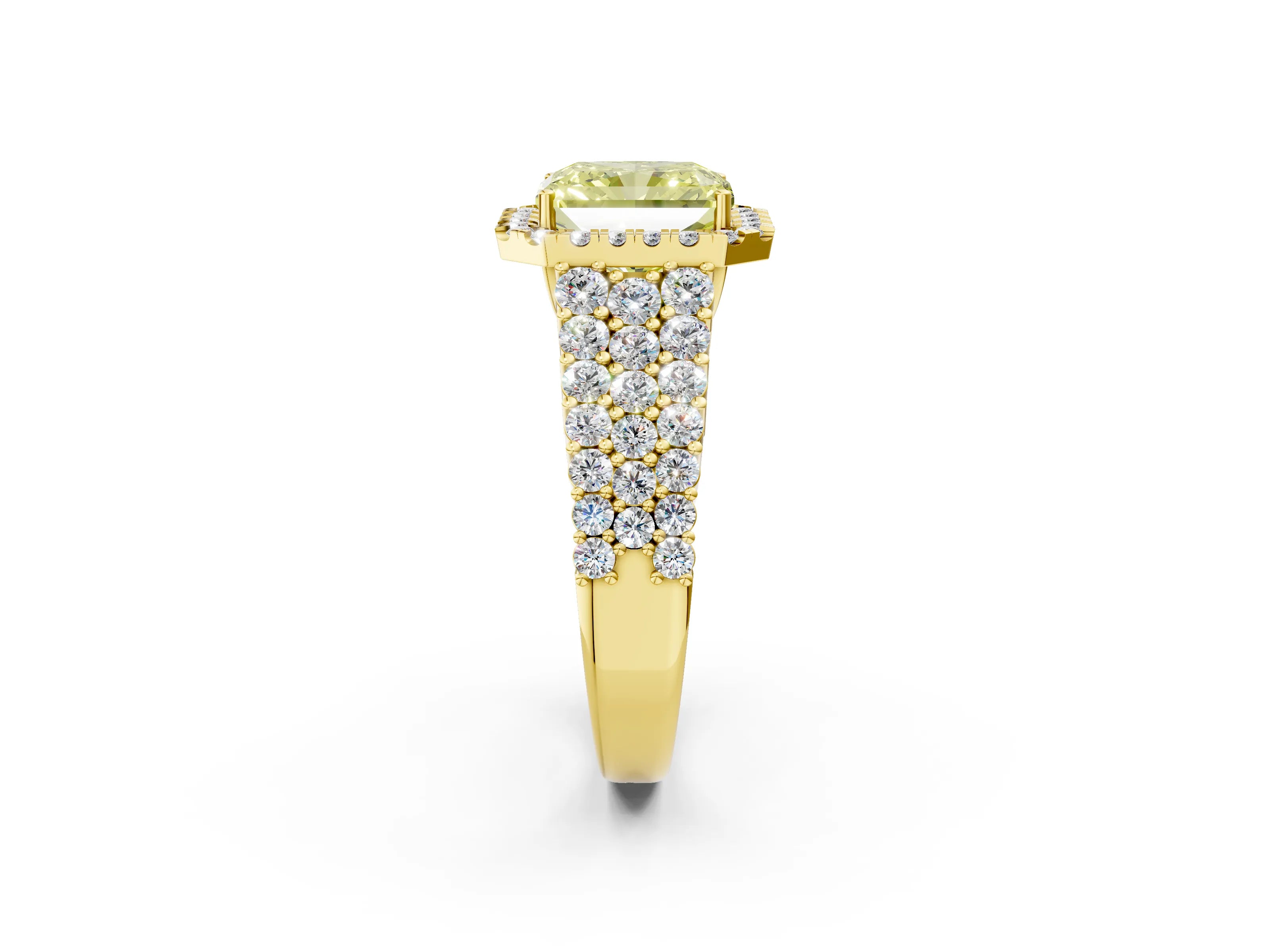 Yellow gold Fancy Yellow Radiant Cut Halo Pavé Diamond Engagement Ring with Split Shank and Four-Prong Setting_5
