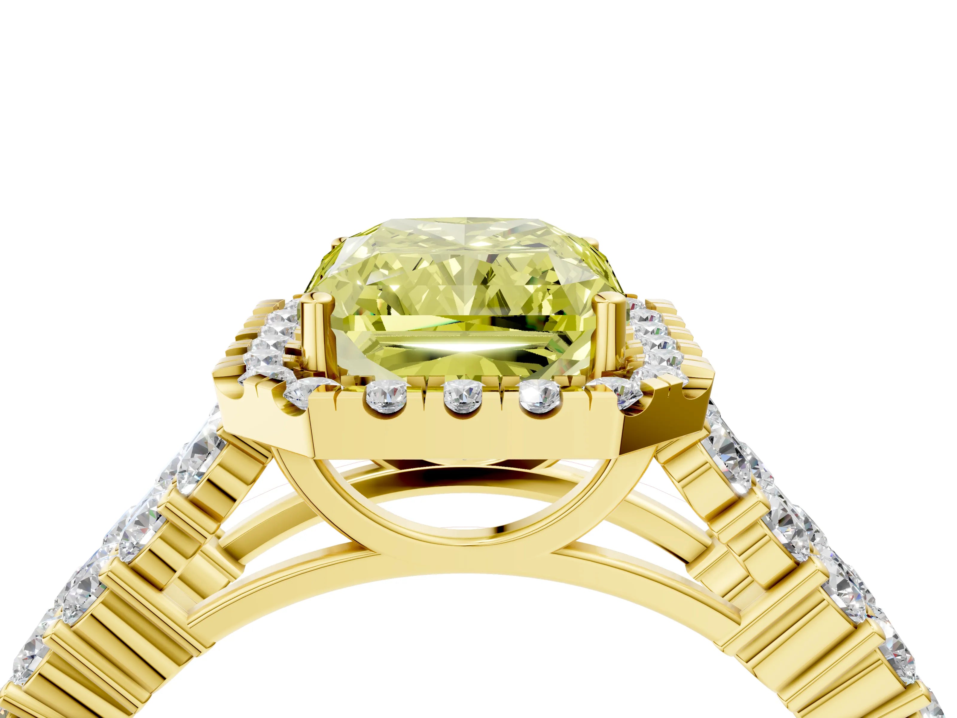 Yellow gold Fancy Yellow Radiant Cut Halo Pavé Diamond Engagement Ring with Split Shank and Four-Prong Setting_7