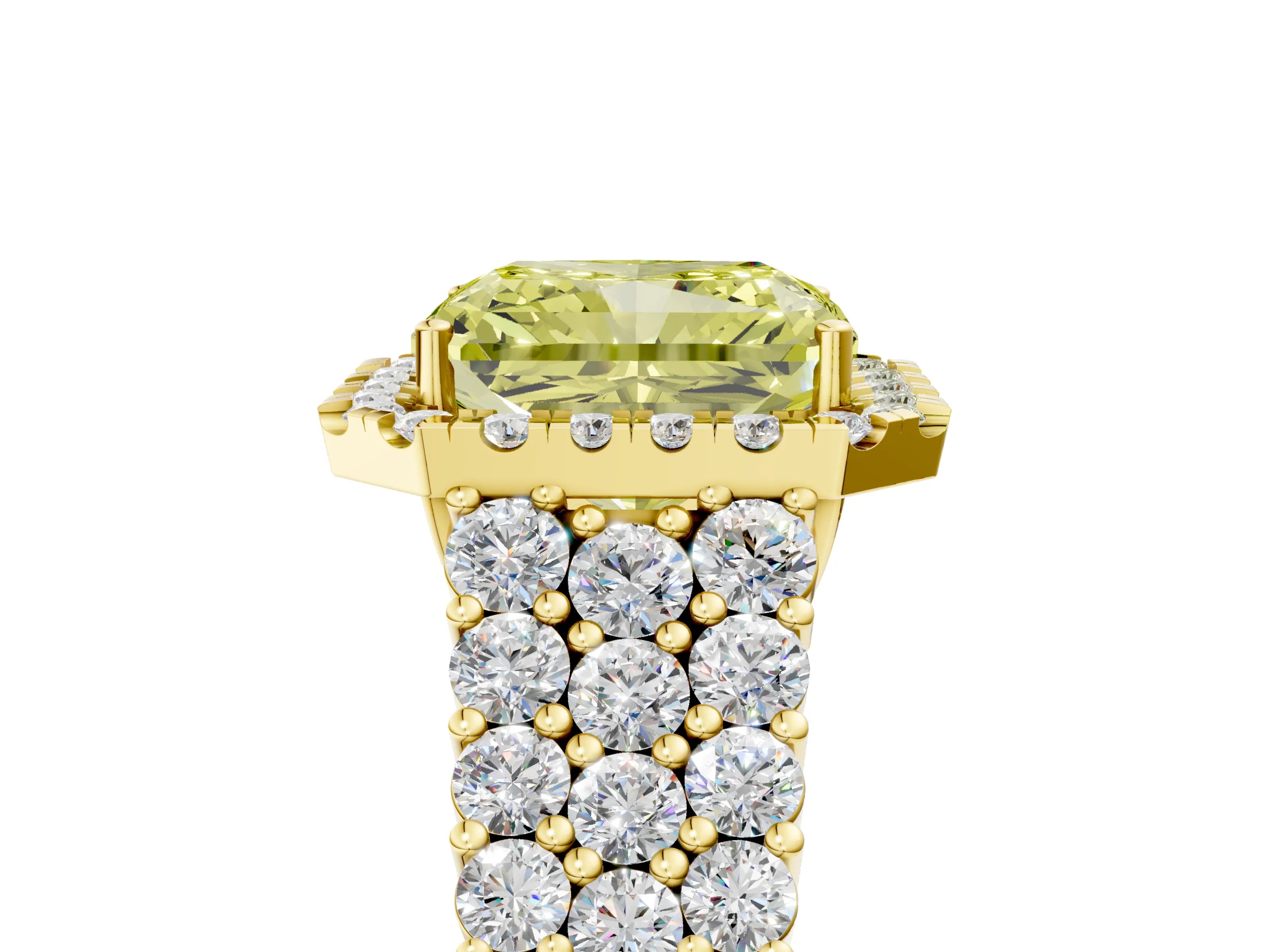 Yellow gold Fancy Yellow Radiant Cut Halo Pavé Diamond Engagement Ring with Split Shank and Four-Prong Setting_8