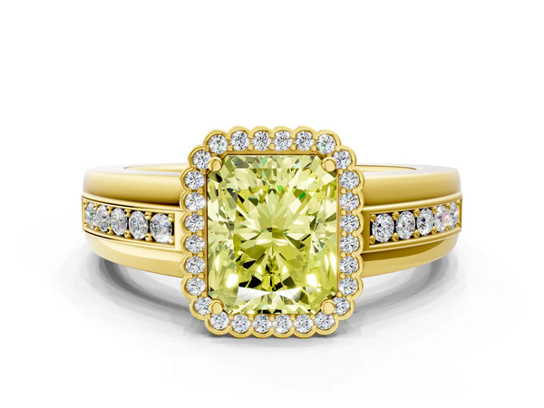 Yellow gold Fancy Yellow Radiant  Cut Halo Pave Band Four-Prong Ring