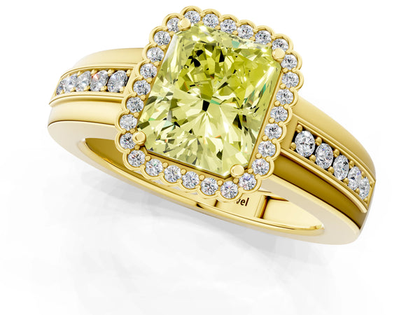 Yellow gold Fancy Yellow Radiant  Cut Halo Pave Band Four-Prong Ring