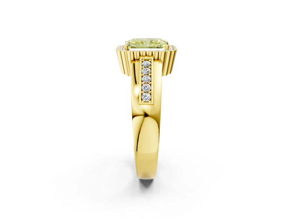 Yellow gold Fancy Yellow Radiant  Cut Halo Pave Band Four-Prong Ring