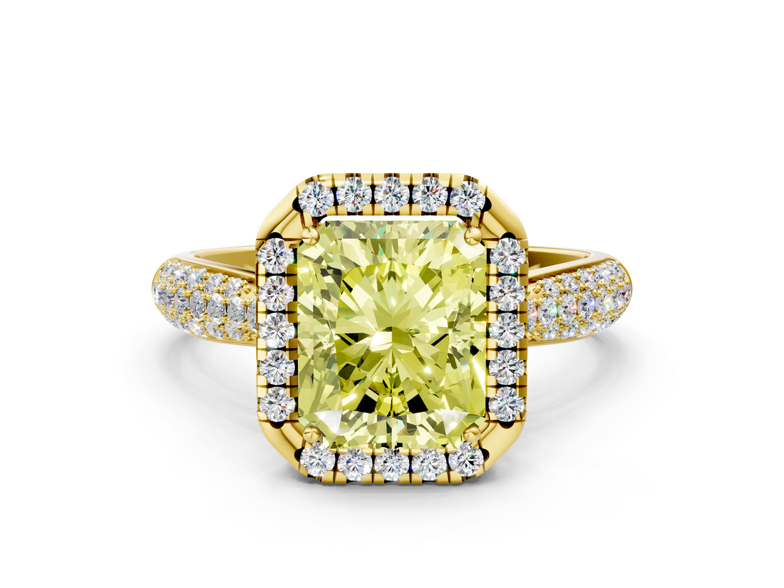 Yellow gold Fancy Yellow Radiant  Cut Halo Pave Band Four-Prong Setting Ring_20