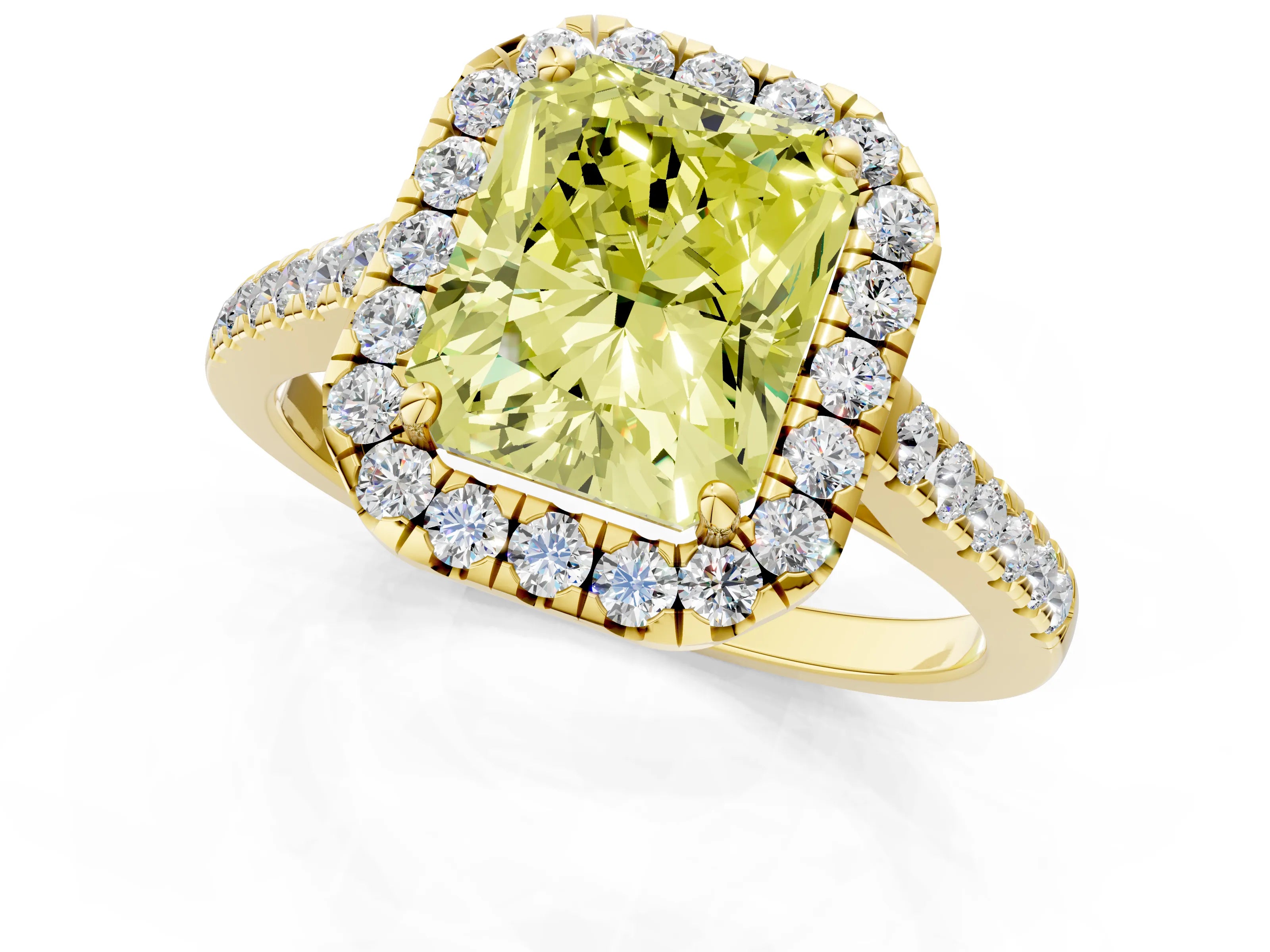 Yellow gold Fancy Yellow Radiant Cut Halo Pave Diamond Engagement Ring with Four-Prong Setting_1