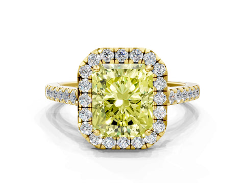 Yellow gold Fancy Yellow Radiant Cut Halo Pave Diamond Engagement Ring with Four-Prong Setting