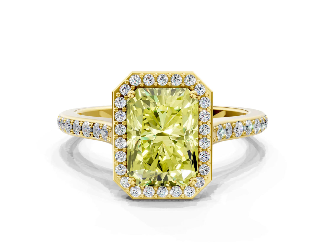 Yellow gold Fancy Yellow Radiant Cut Halo Round Diamond Pavé Band with Four-Prong Setting_3