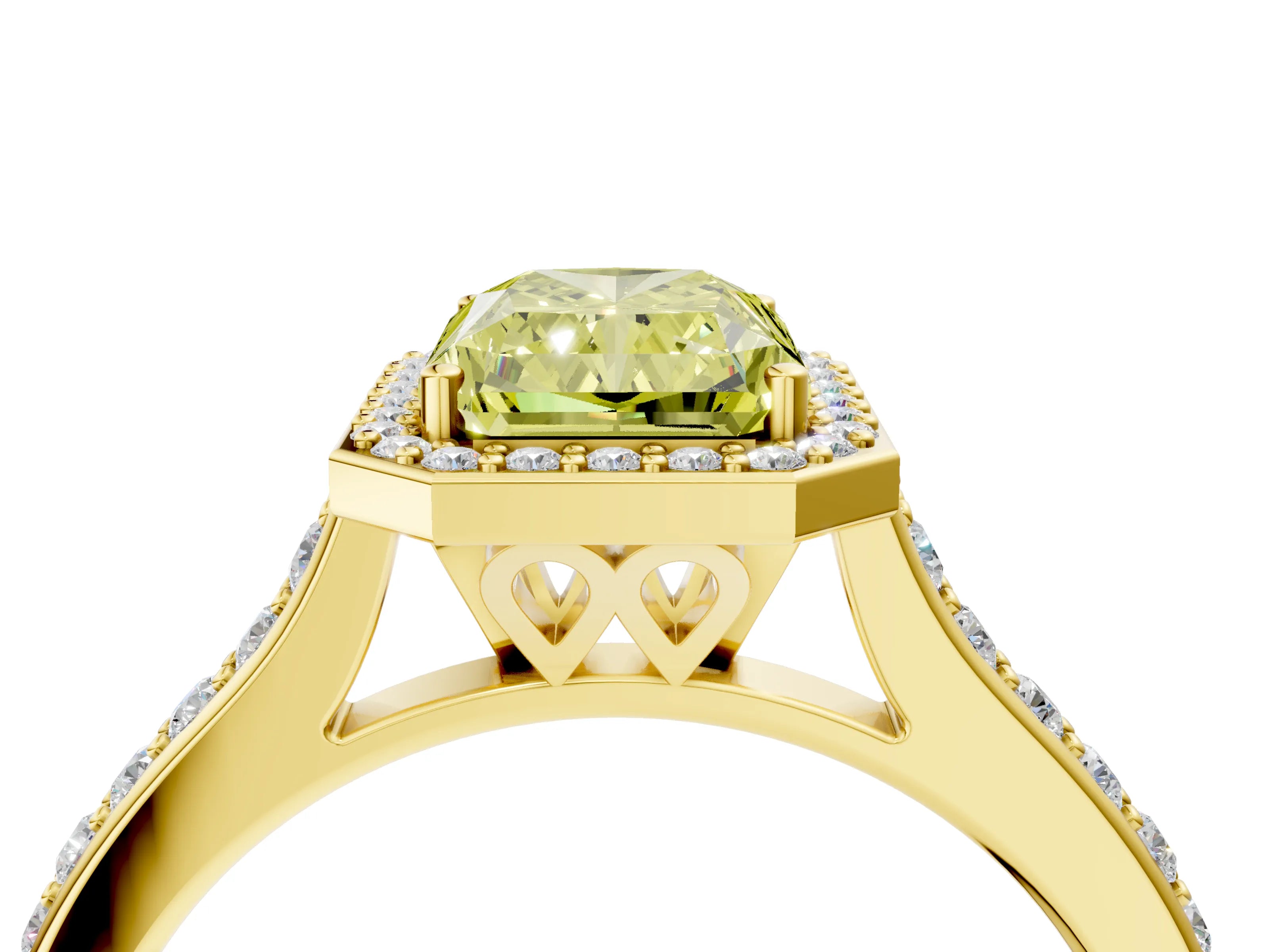 Yellow gold Fancy Yellow Radiant Cut Halo Round Diamond Pavé Band with Four-Prong Setting_7