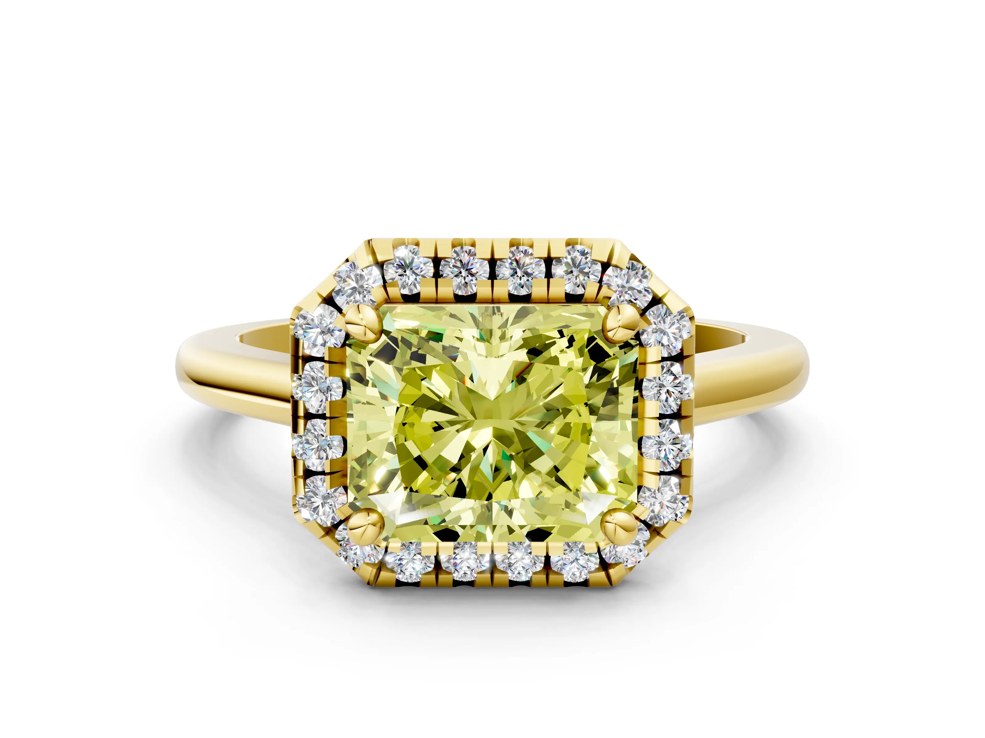 Yellow gold Fancy Yellow Radiant Cut Halo Round Diamond Solitaire Engagement Ring with Pave Band and Four-Prong Setting_12