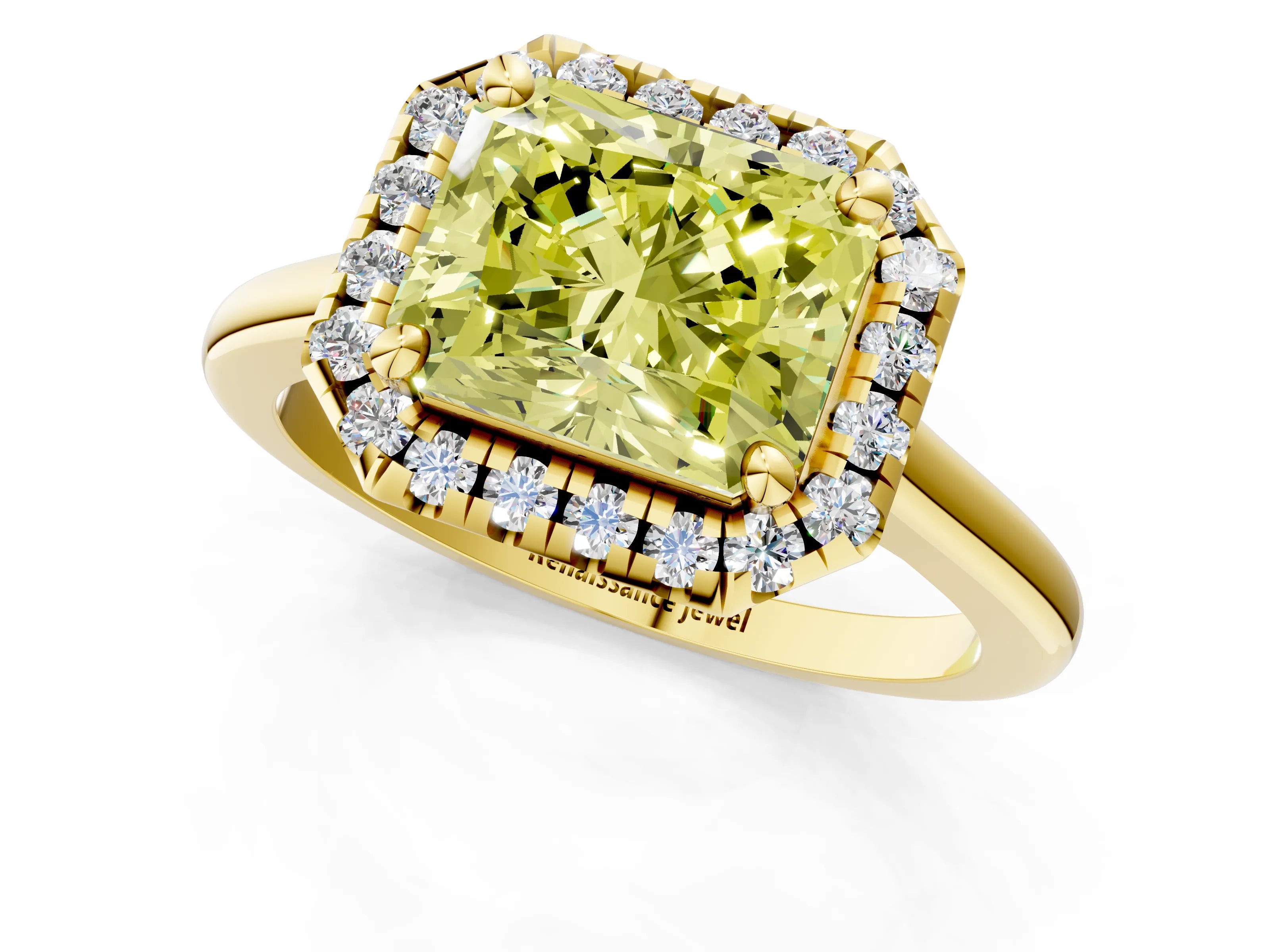 Yellow gold Fancy Yellow Radiant Cut Halo Round Diamond Solitaire Engagement Ring with Pave Band and Four-Prong Setting_13