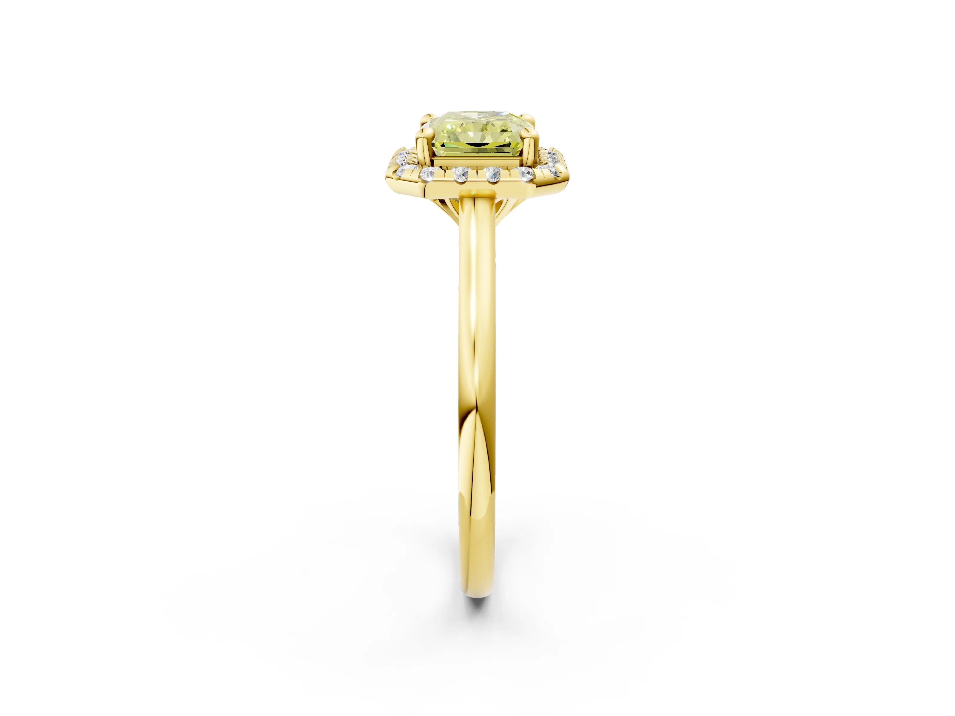 Yellow gold Fancy Yellow Radiant Cut Halo Round Diamond Solitaire Engagement Ring with Pave Band and Four-Prong Setting_14